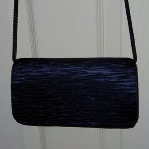 NWOT La Regale Black Shirred Satin Evening Bag, Long Cord Strap, Spacious Clutch